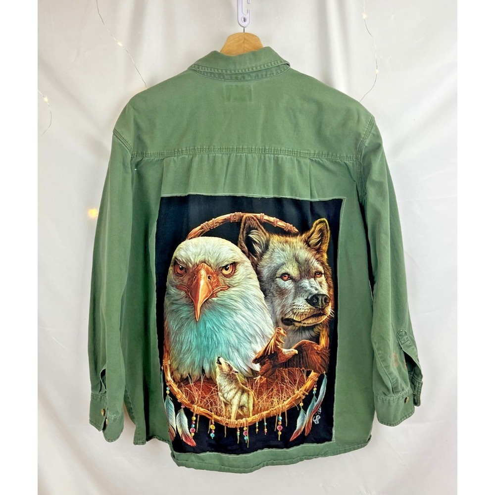 Upcycled Schmidt Mens Green Camp Shirt 2X Long Sleeve Wolf Eagle Ranch Chore